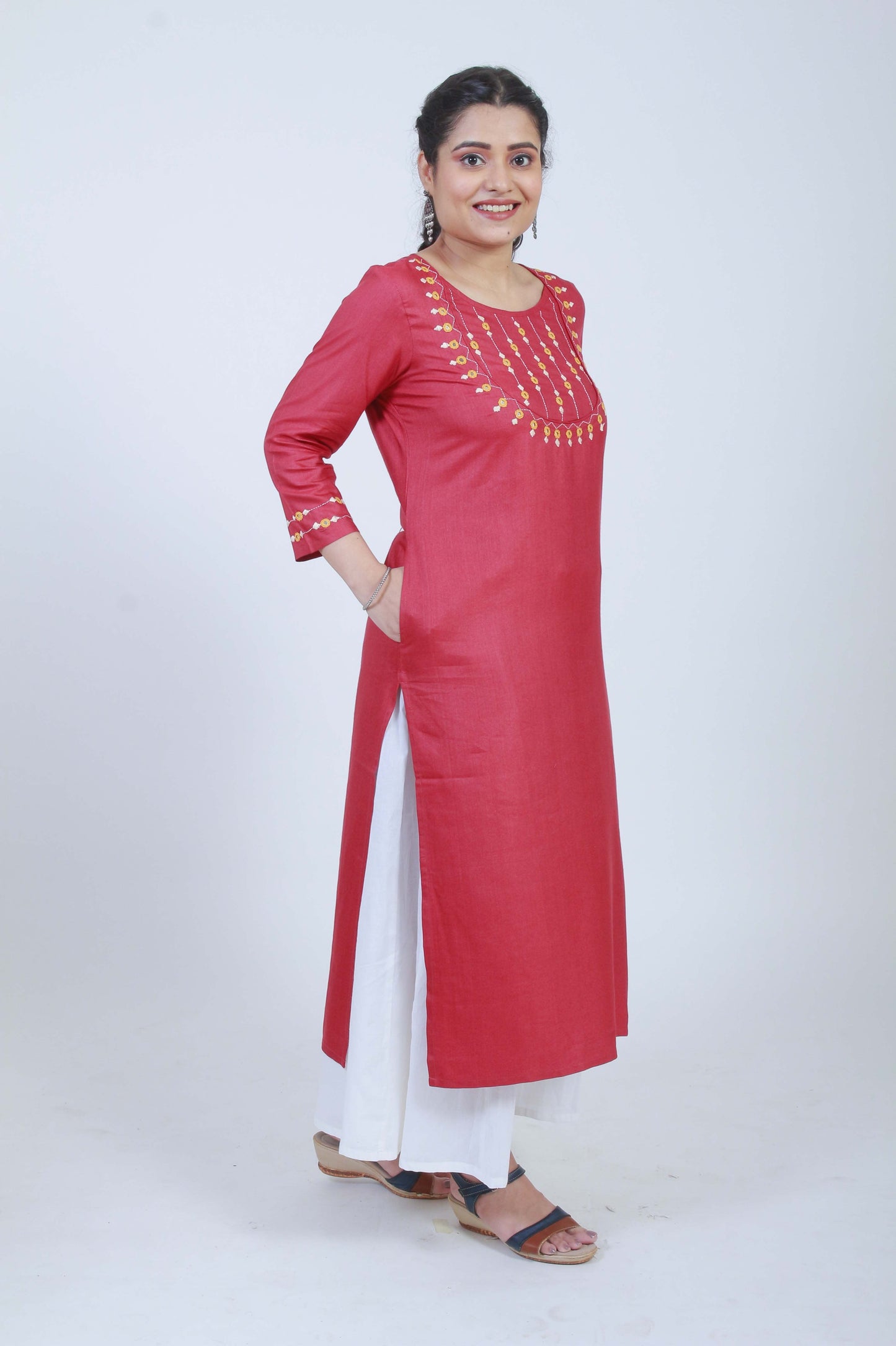 Mohini' Hand Embroidered Red cotton silk kurta