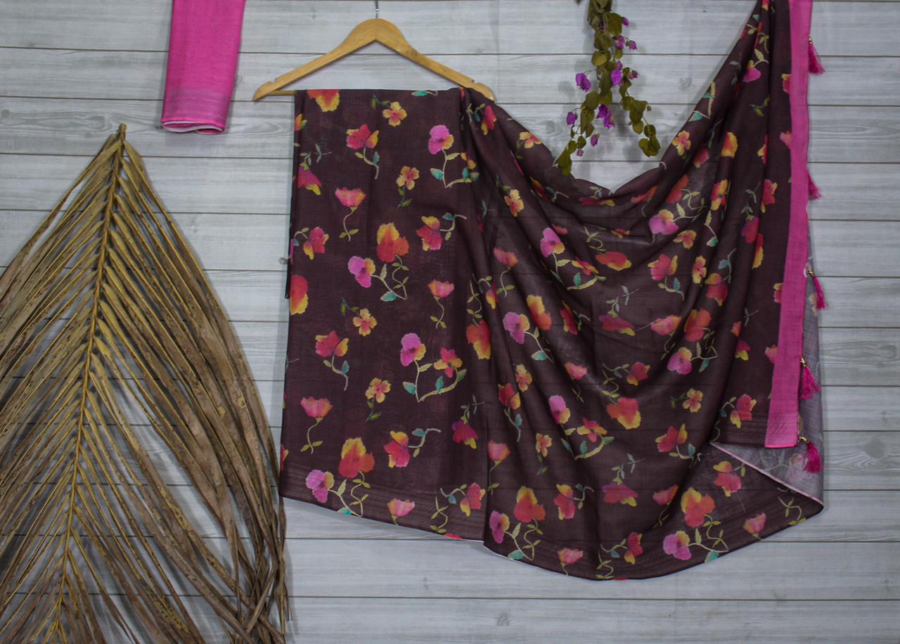 Valiba New Cotton Digital Floral Printed  Sarees