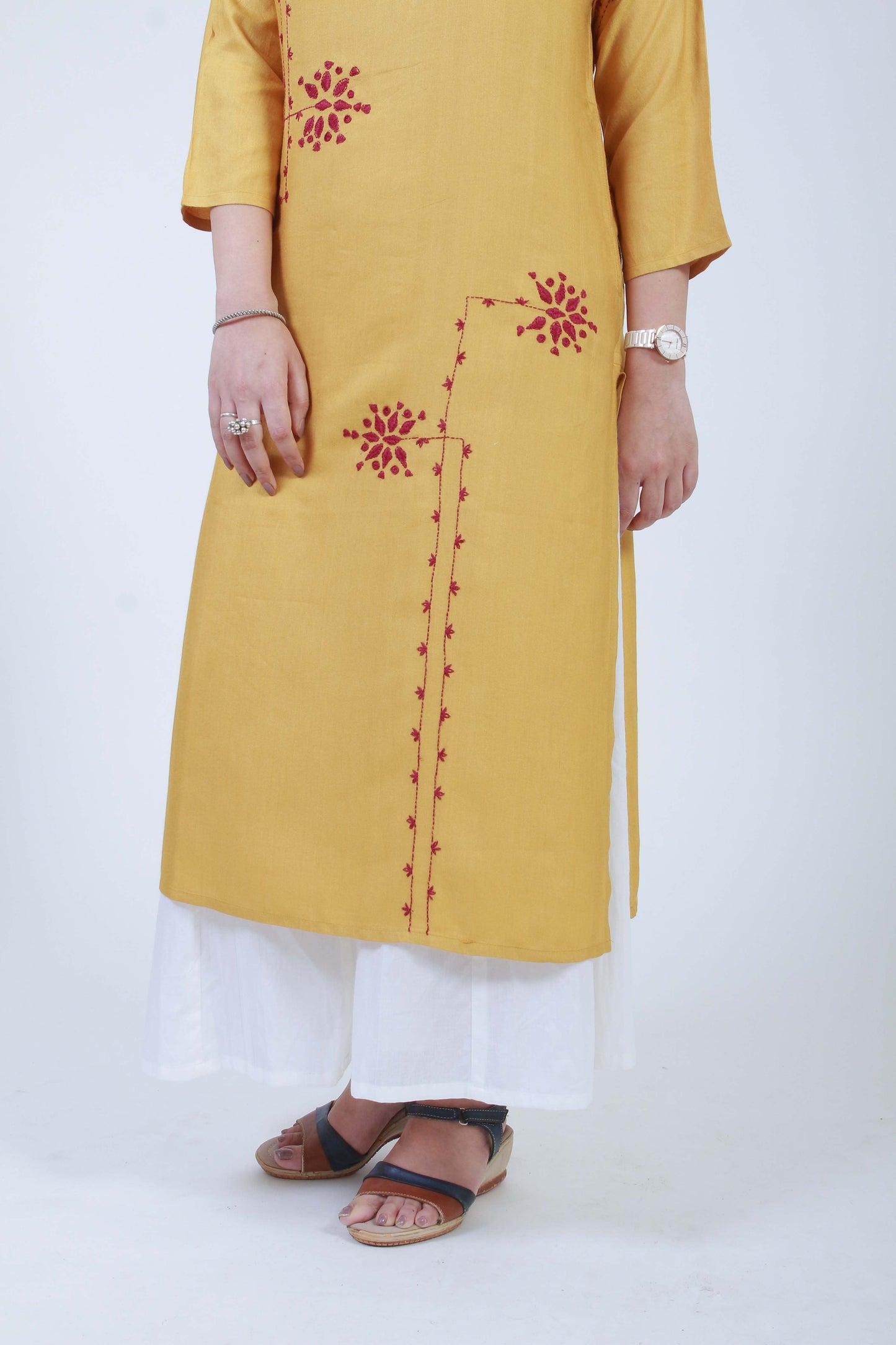 Barkat'  Ochre Hand Embroidered cotton Silk Kurta