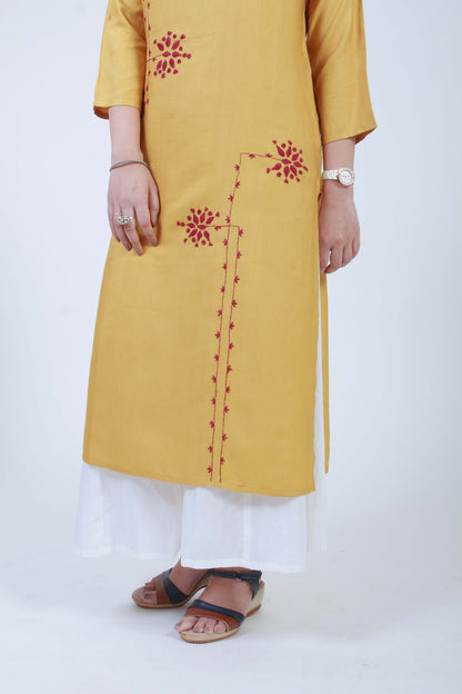Barkat'  Ochre Hand Embroidered cotton Silk Kurta