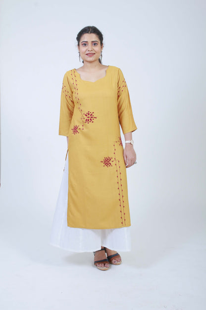 Barkat'  Ochre Hand Embroidered cotton Silk Kurta