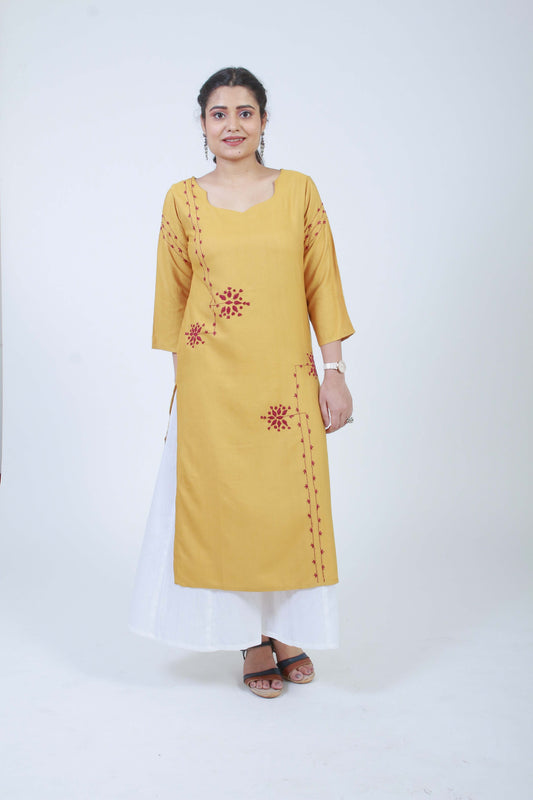 Barkat'  Ochre Hand Embroidered cotton Silk Kurta