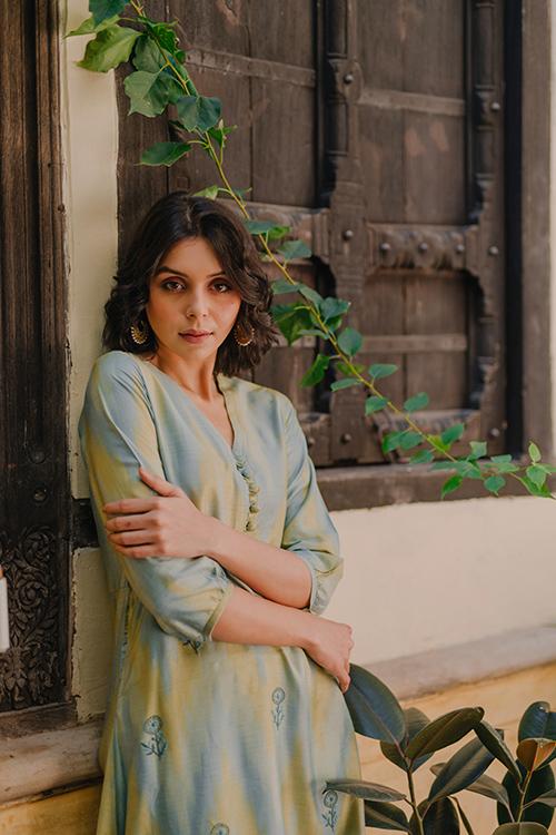 New Leaf' Ikat Silk Blend Kurta