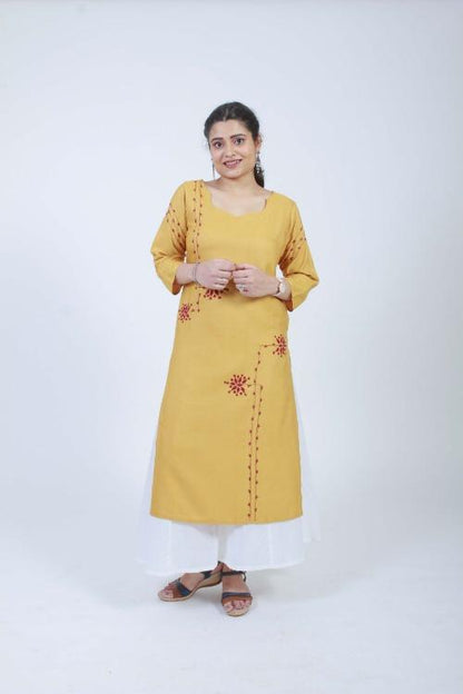 Barkat'  Ochre Hand Embroidered cotton Silk Kurta
