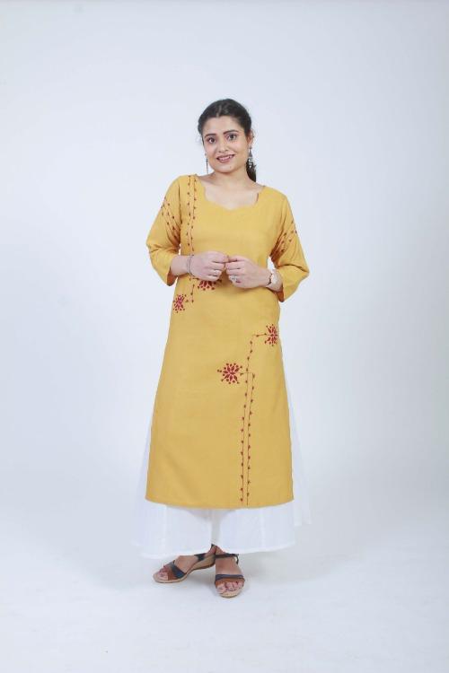 Barkat'  Ochre Hand Embroidered cotton Silk Kurta