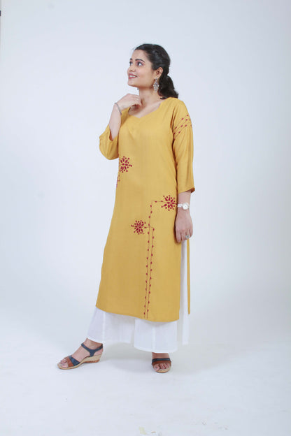 Barkat'  Ochre Hand Embroidered cotton Silk Kurta