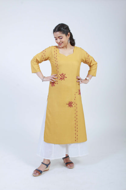 Barkat'  Ochre Hand Embroidered cotton Silk Kurta