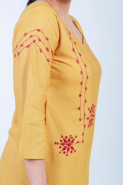 Barkat'  Ochre Hand Embroidered cotton Silk Kurta