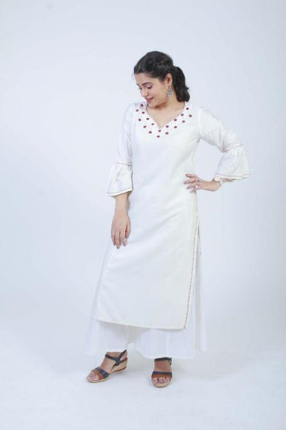 Bella' Hand Embroidered white cotton silk kurta