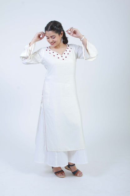 Bella' Hand Embroidered white cotton silk kurta