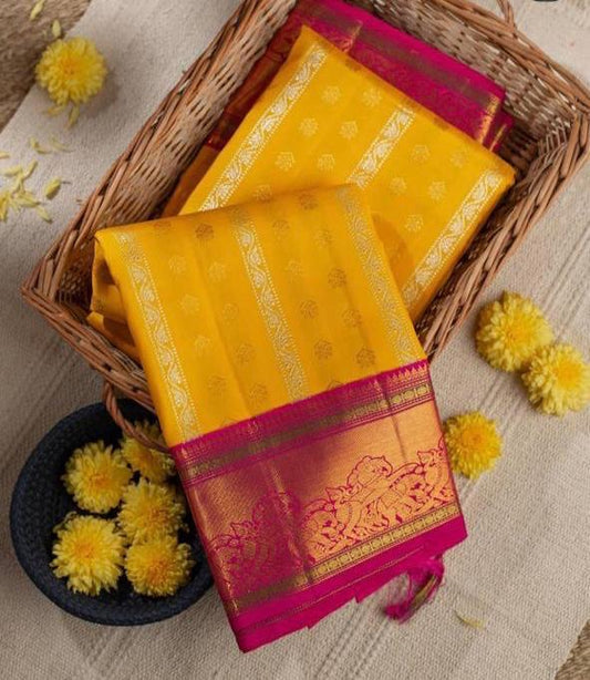 Valiba Soft Banarasi Silk Saree With Weaving  Yellow Jacquard Saree.