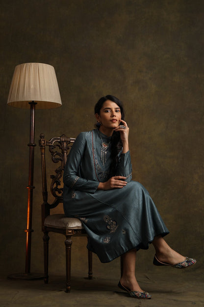 Smokey Blue Elegant Embroidered Kurta With Straight Pants (YMN-02)