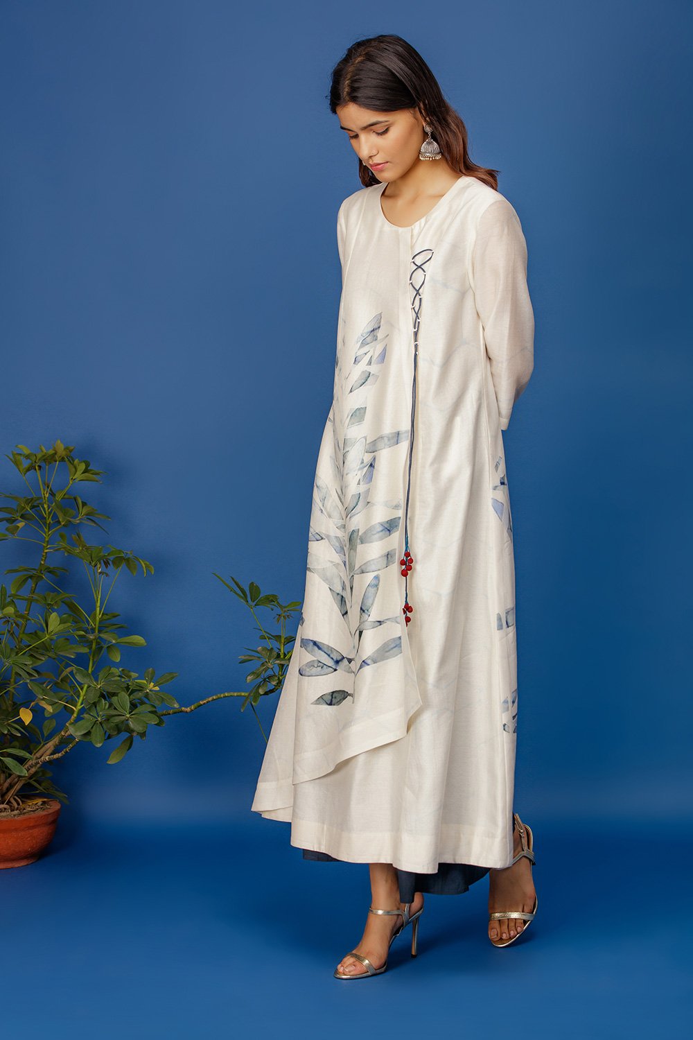 Leaf Printed Angrakha Kurta With Full Back & Front Print. Ivory