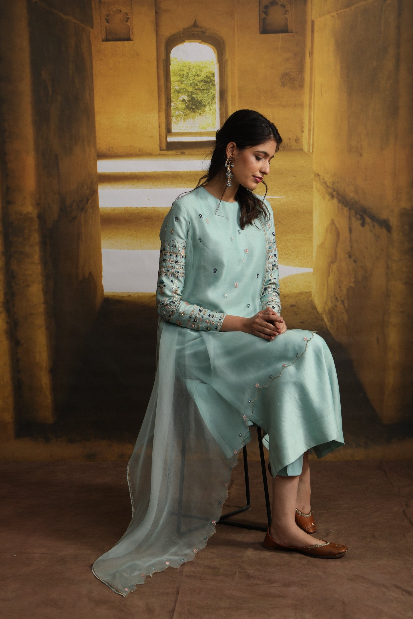 Floral Booti Embroidered Drape Kurta With Straight Pant (MP-04/Aqua)