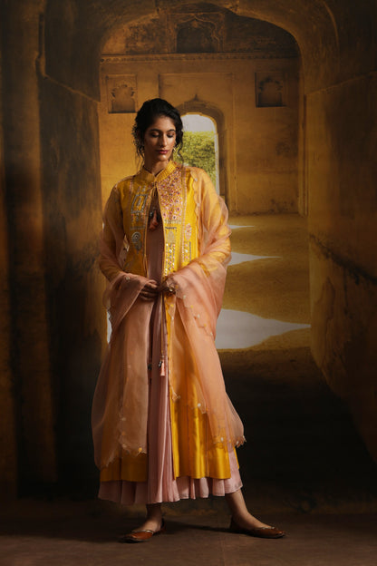 Zardozi Embroidered Floral & Horse Motif Detailed Kurta Set (MP-02/Yellow)