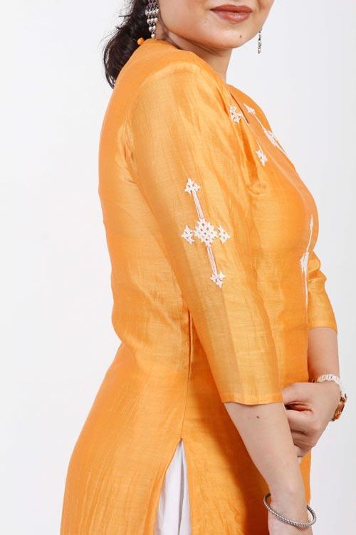 champa' Hand Embroidered mustard chanderi kurta