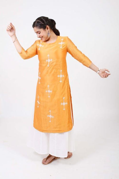 champa' Hand Embroidered mustard chanderi kurta