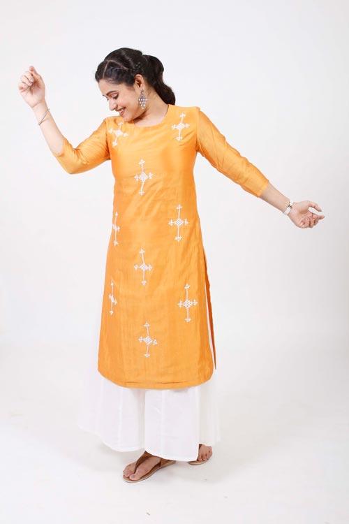 champa' Hand Embroidered mustard chanderi kurta