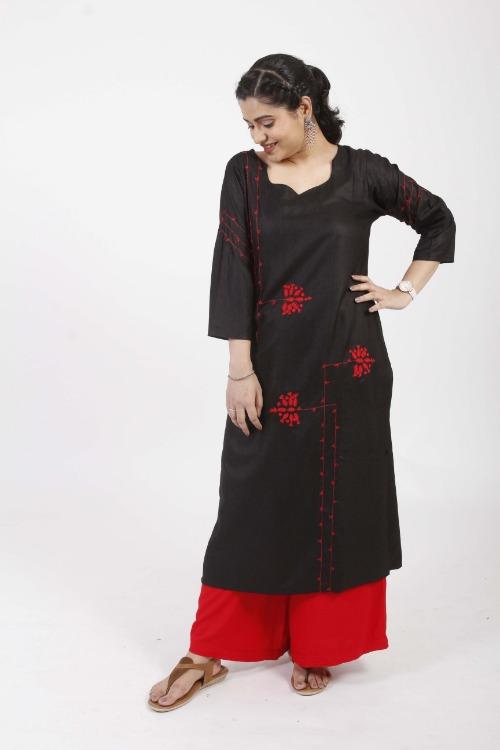 Fatima'  Black Hand Embroidered cotton Silk Kurta