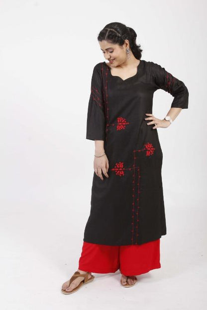 Fatima'  Black Hand Embroidered cotton Silk Kurta