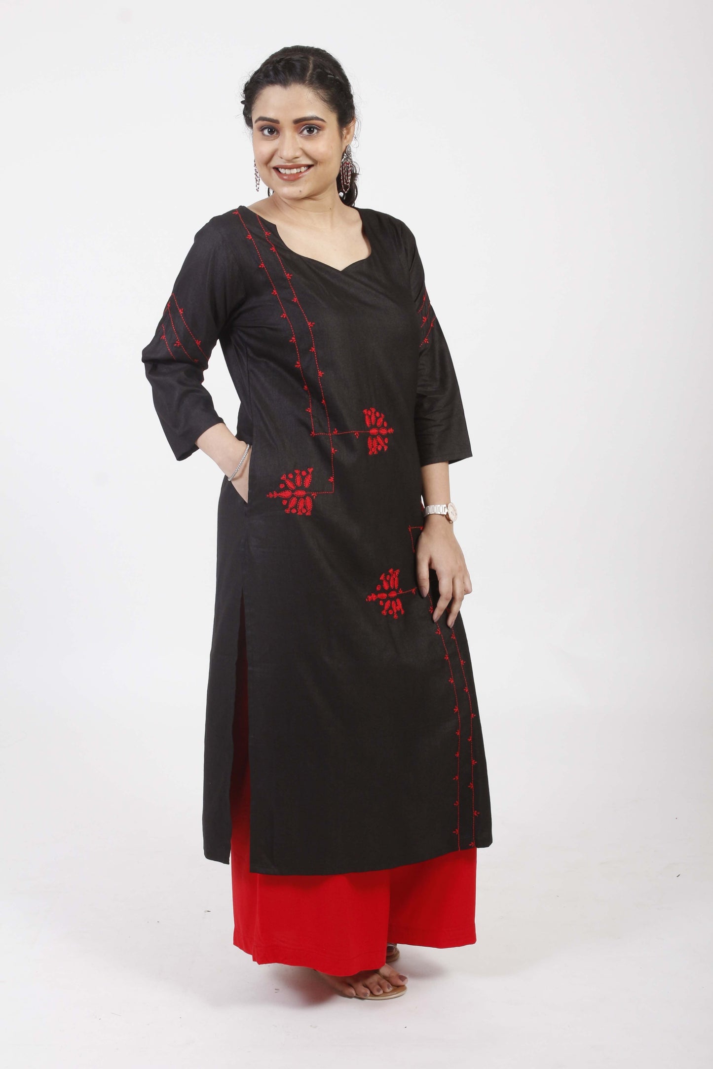 Fatima'  Black Hand Embroidered cotton Silk Kurta