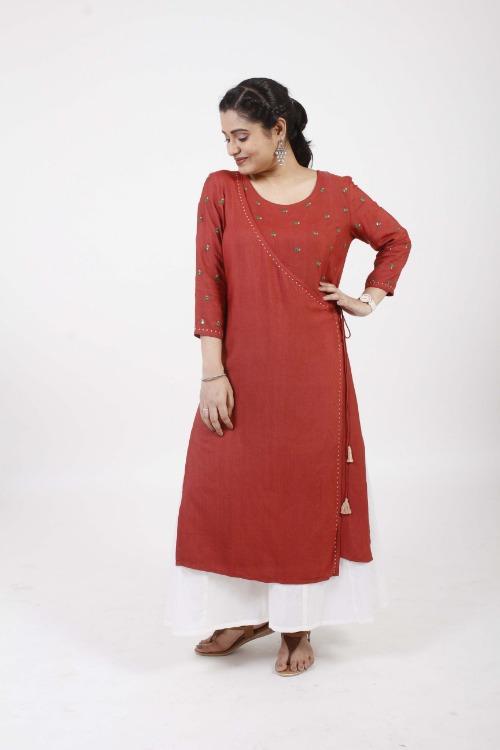 devi' Hand Embroidered  Red Cotton silk Angrakha