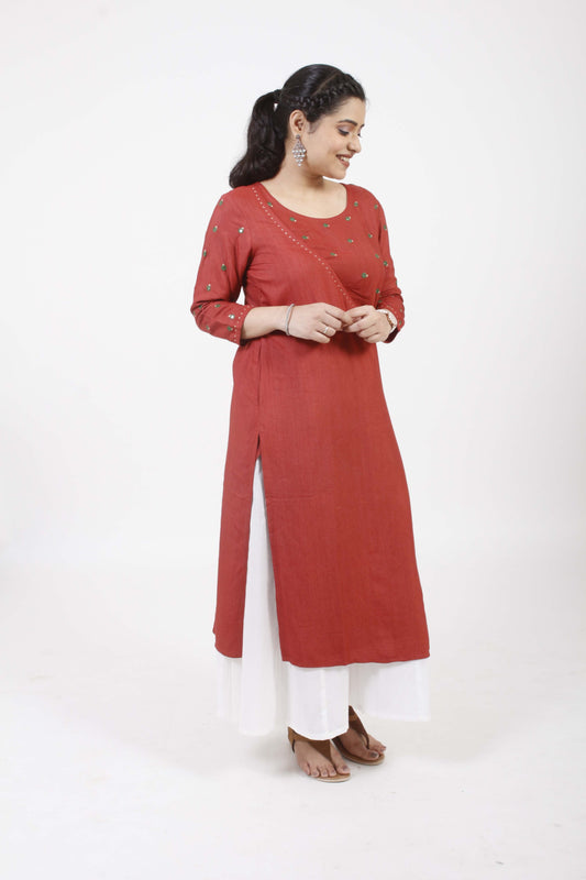 devi' Hand Embroidered  Red Cotton silk Angrakha