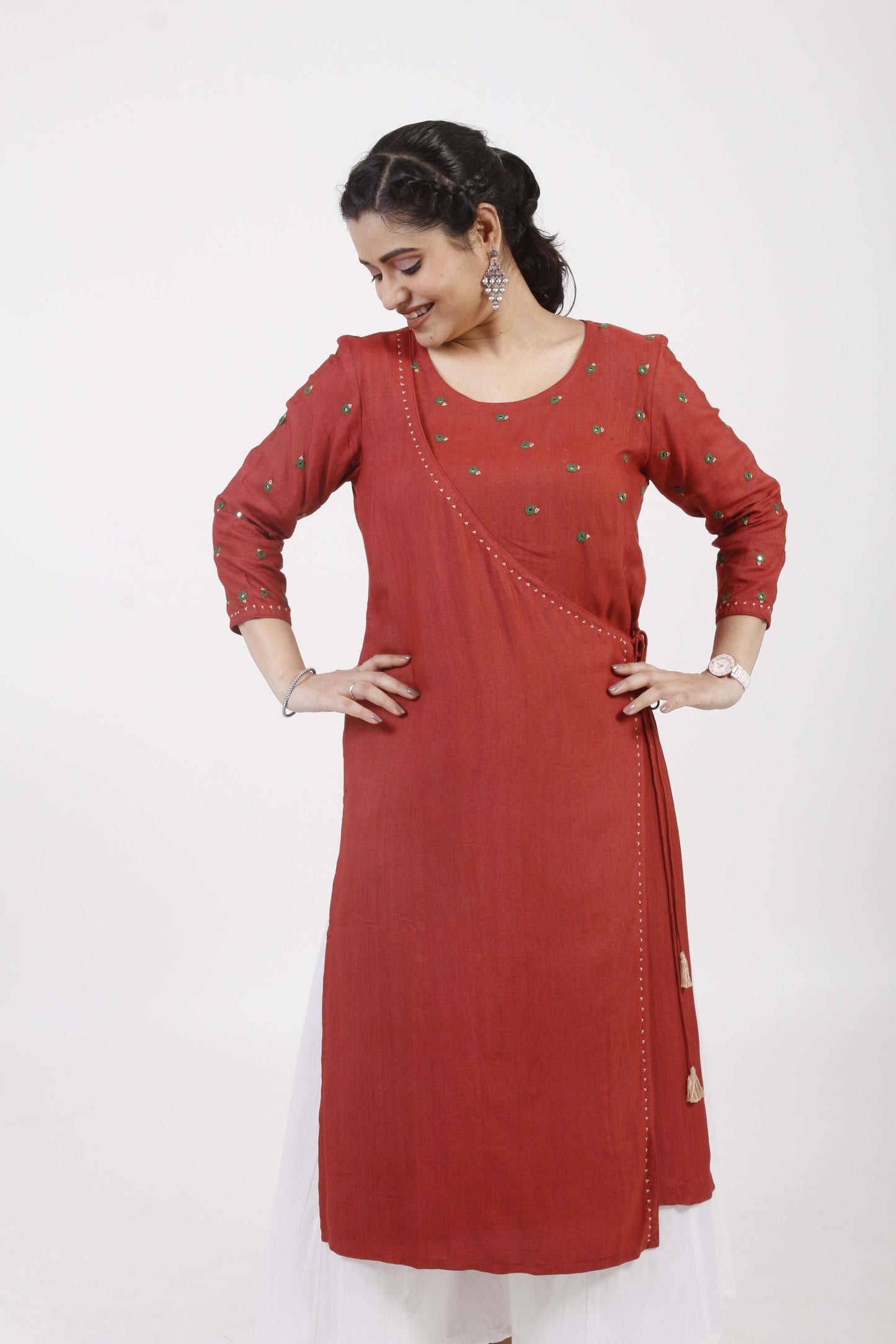 devi' Hand Embroidered  Red Cotton silk Angrakha