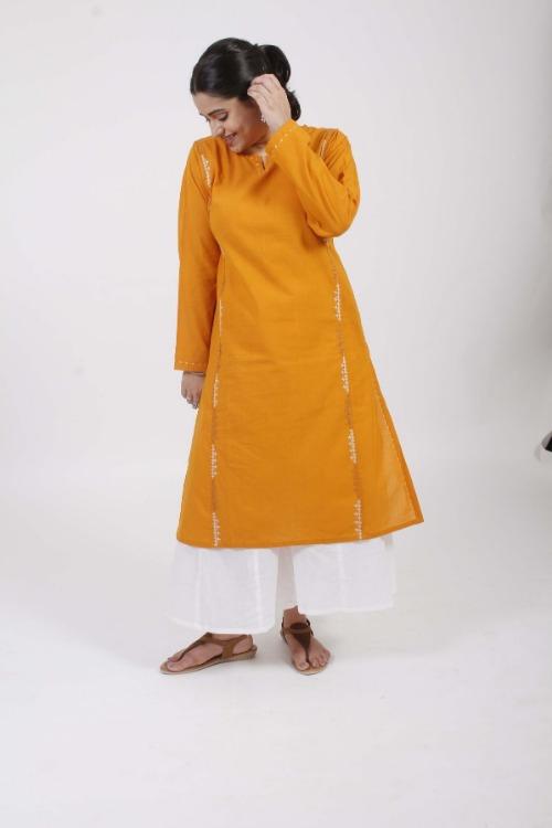 Sindhi'  Bright Yellow  Hand Embroidered cotton Kurta