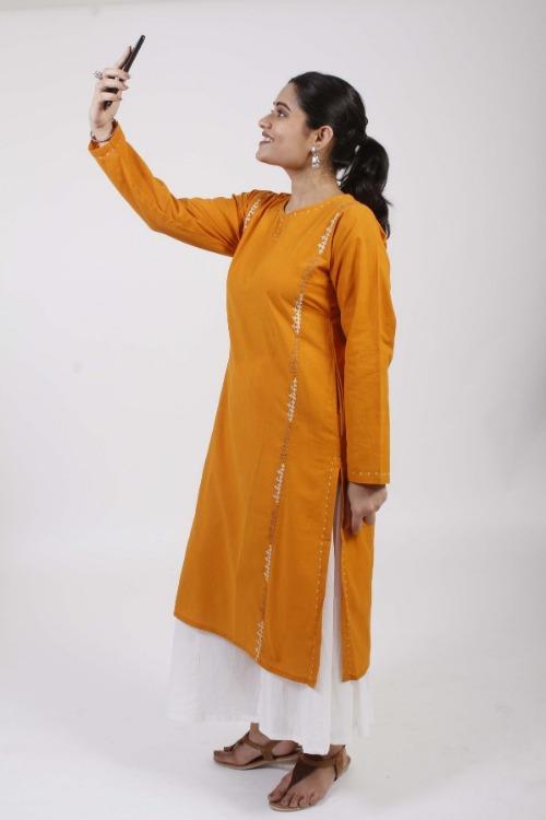 Sindhi'  Bright Yellow  Hand Embroidered cotton Kurta