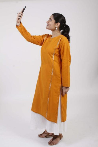 Sindhi'  Bright Yellow  Hand Embroidered cotton Kurta