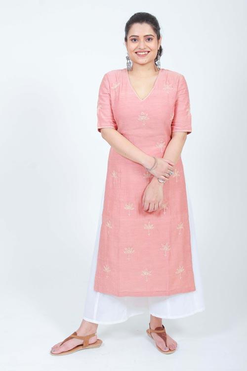 diti' Hand Embroidered soft peach cotton chanderi kurta
