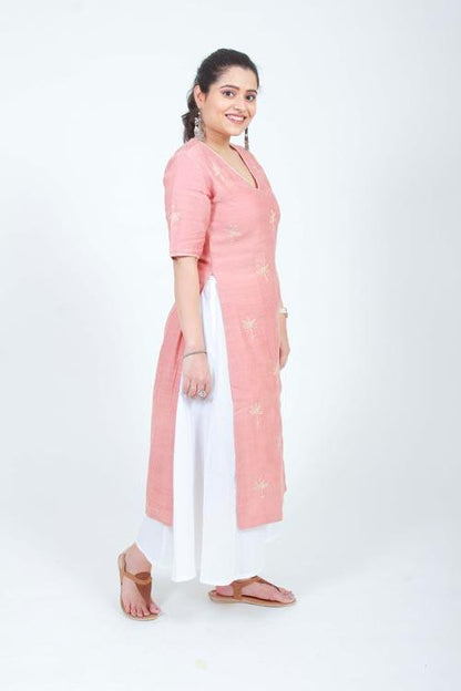 diti' Hand Embroidered soft peach cotton chanderi kurta