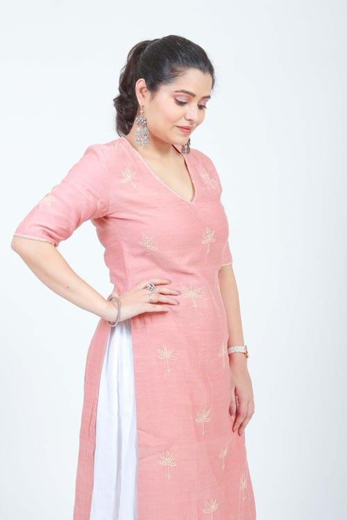 diti' Hand Embroidered soft peach cotton chanderi kurta