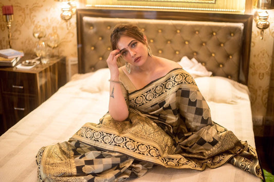 Banarasi Silk Weaving Saree With Fabulous Checks Weaes All Over Contrast Border And Exclusive Pallu