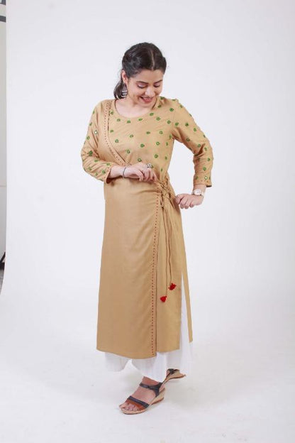 Saavi' Hand Embroidered  Ochre Cotton silk Angrakha
