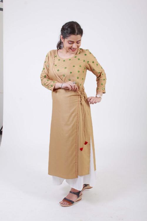 Saavi' Hand Embroidered  Ochre Cotton silk Angrakha