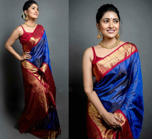 Valiba Royalblue -Red Beautiful Rich Pallu & Jacquard Work  On All Over The Saree.