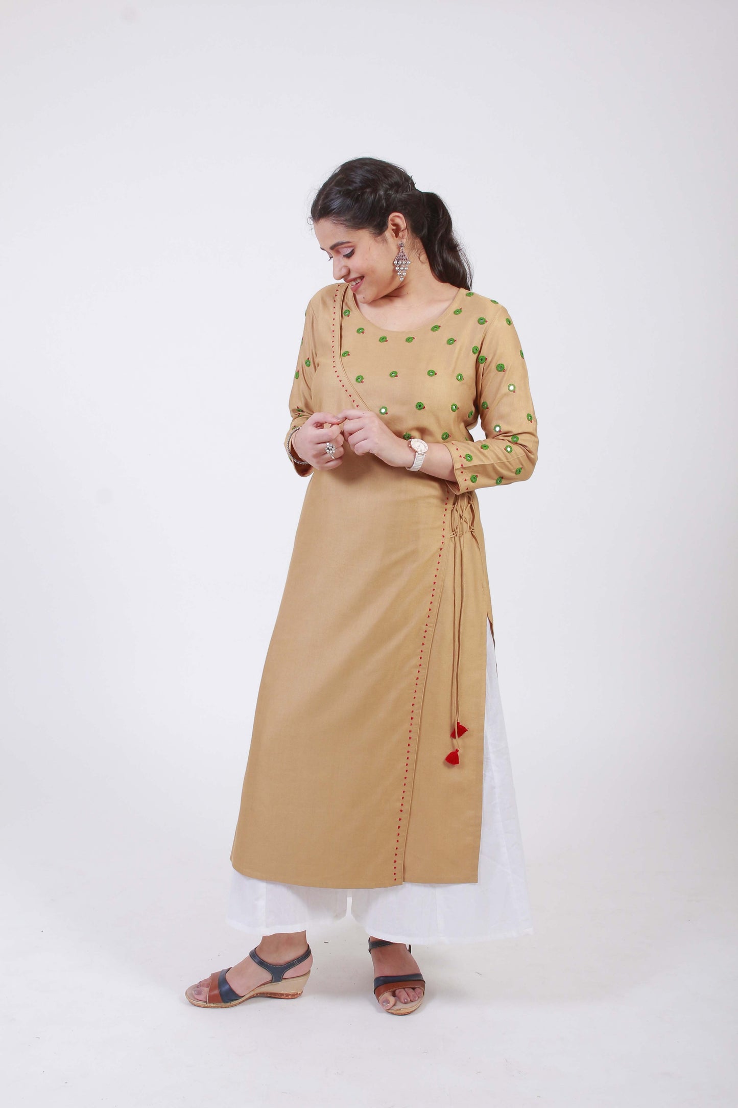 Saavi' Hand Embroidered  Ochre Cotton silk Angrakha
