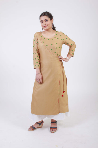 Saavi' Hand Embroidered  Ochre Cotton silk Angrakha