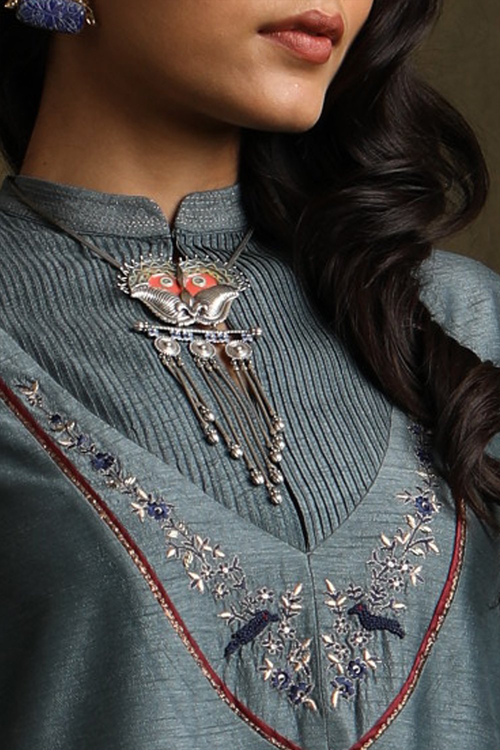 Smokey Blue Elegant Embroidered Kurta With Straight Pants (YMN-02)