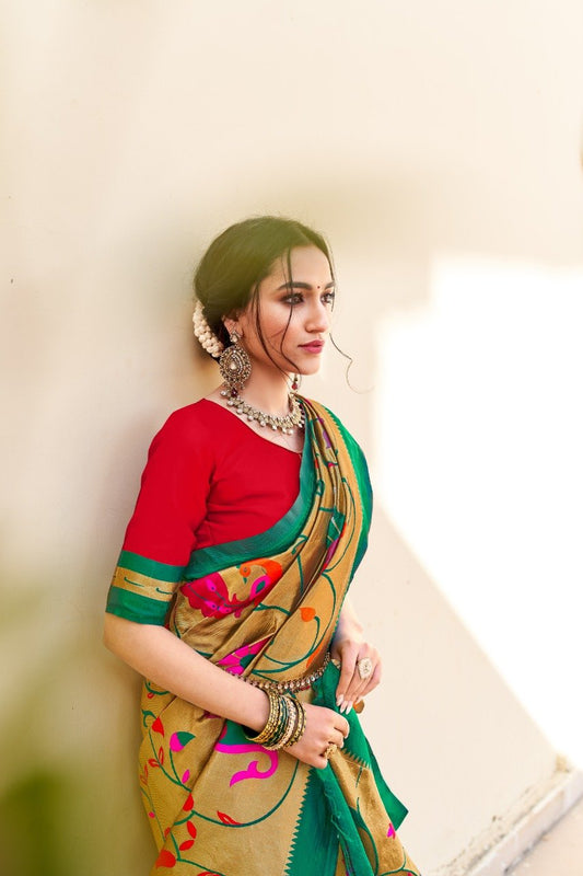 Valiba Green Paithani Flower Design For Merriage Function And Party Wear Saree