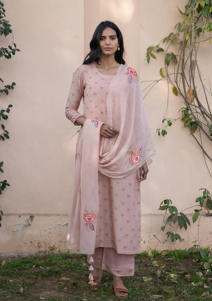 Salmon Printed Applique Kurta Set