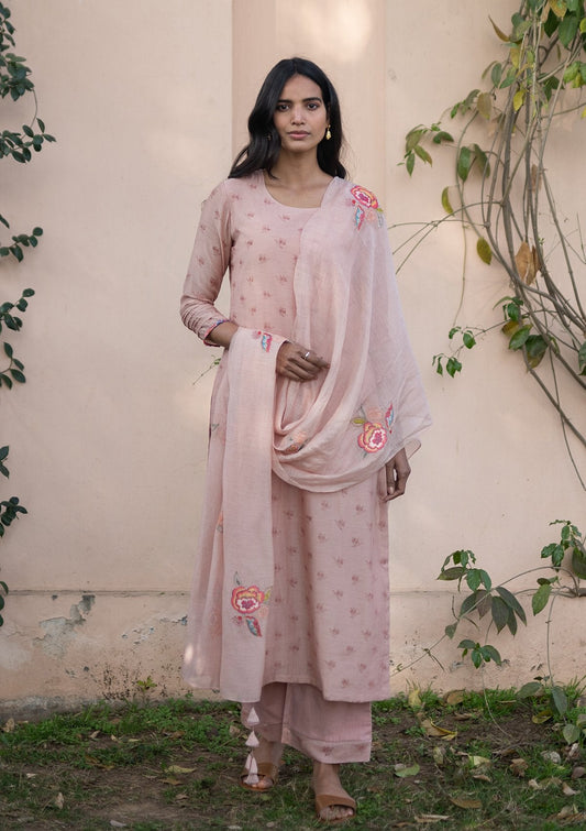 Salmon Printed Applique Kurta Set