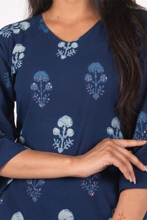 Sitara Buta Kurta' Indigo Block Printed Embroidered Kurta