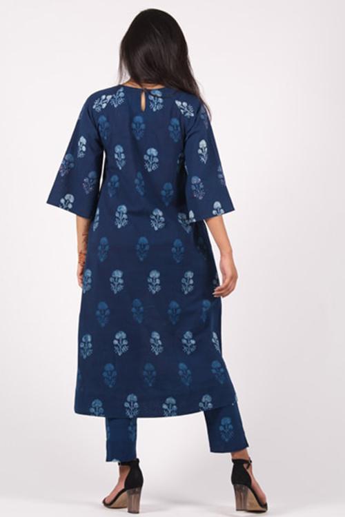 Sitara Buta Kurta' Indigo Block Printed Embroidered Kurta