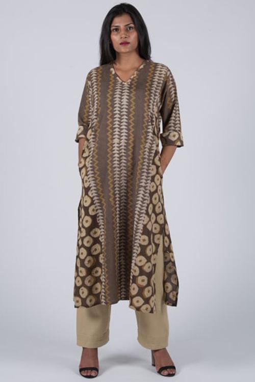 Mud Mustard Kali Kurta' Brown Block Printed Kurta
