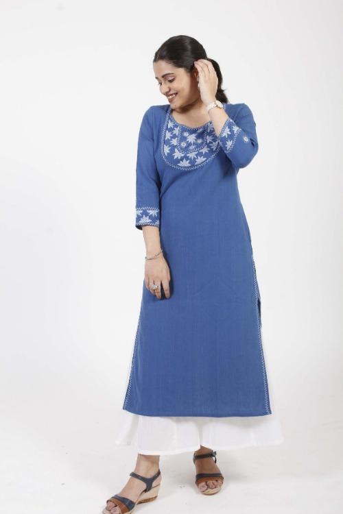 Anokhi'  Blue  Hand Embroidered cotton Kurta