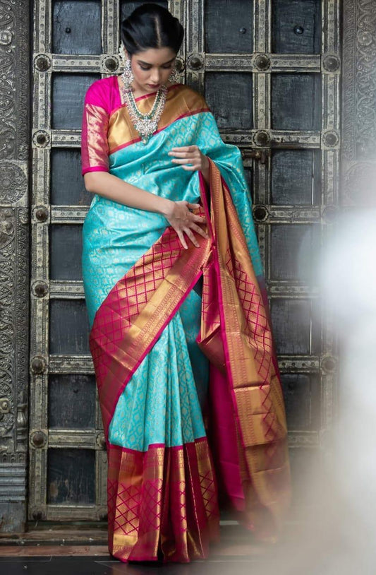 Valiba Skyblue-Red Beautiful Rich Pallu And Jacquard Saree