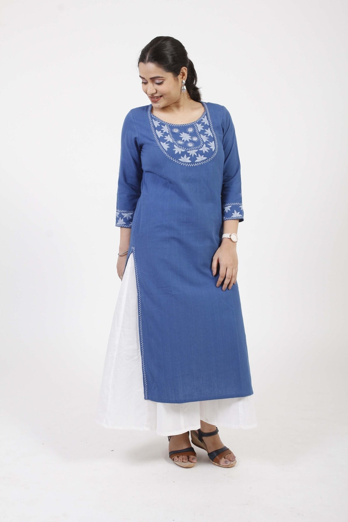 Anokhi'  Blue  Hand Embroidered cotton Kurta